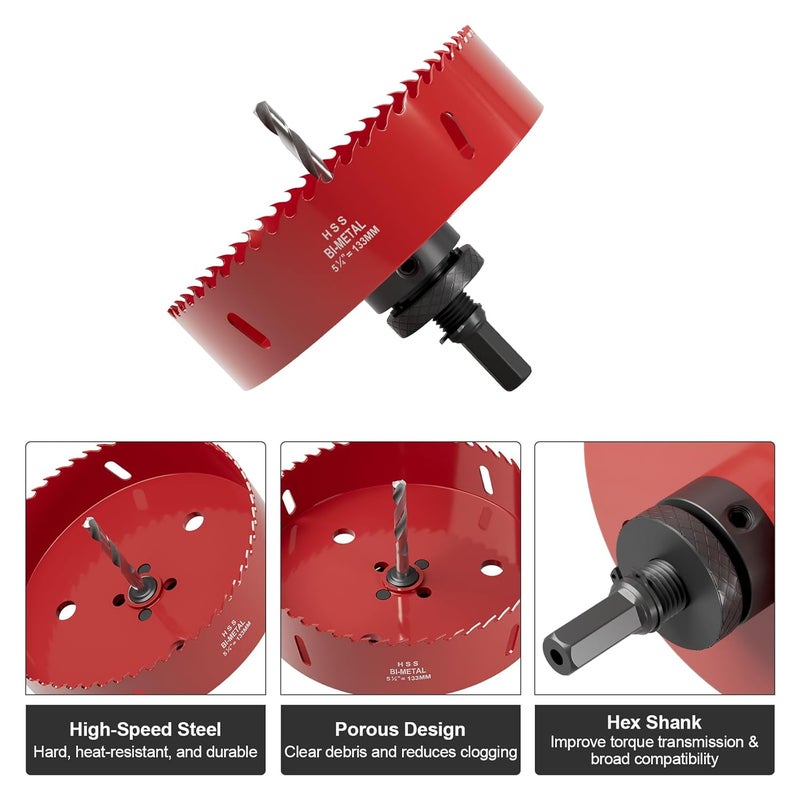 FIVELAKE 5-1/4" (133mm) Bi-Metal M42 High Speed Steel Hole Saw with Pilot Drill Bit, Smooth Cutting Edge for PVC, Drywall, Wood, Plastic, Gypsum Board, Rubber, Thin Metal - Image 2